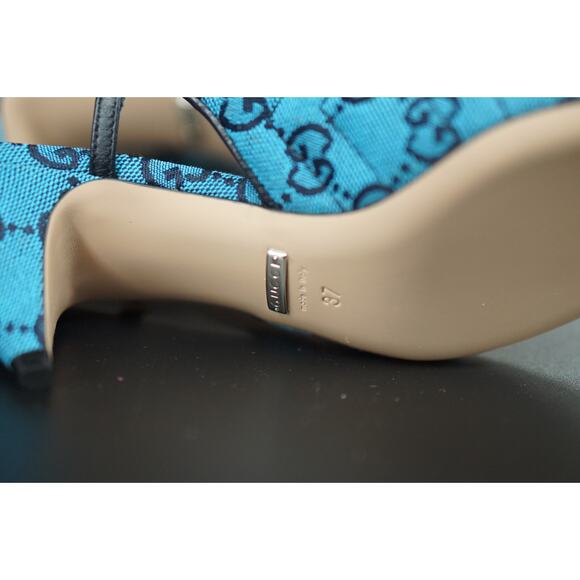 Gucci Charlotte Blue Canvas GG Strap Pointed Toe Slingback Pumps Size 37 $695 - Picture 12 of 12